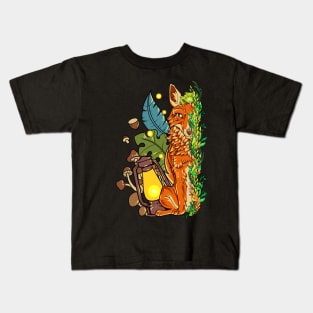 Fox and frog with mushrooms in the forest - Goblincore Kids T-Shirt